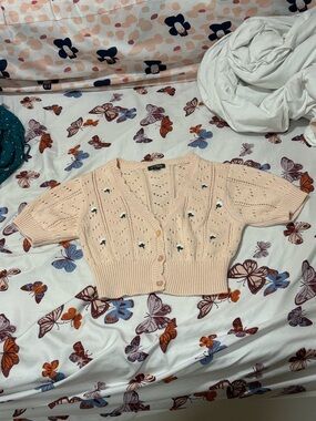 wild fable Peach Cropped Knit Cardigan with Tiny Floral Embroidery